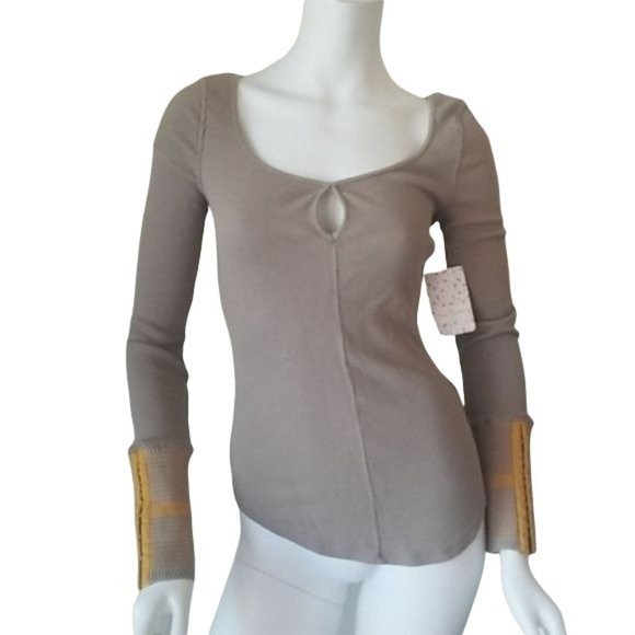 Free People Themal Tee Taupe Mod Stripe Medium New T1-171 - Picture 1 of 6